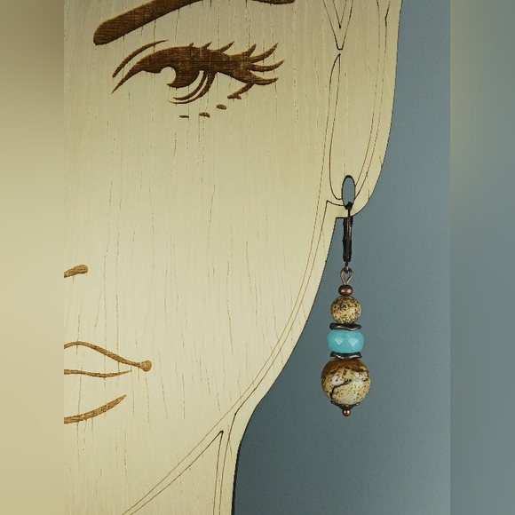 HAND CRAFTED Boho Rustic Tan Jasper Turquoise Copper Gemstone Earrings - Picture 5 of 6